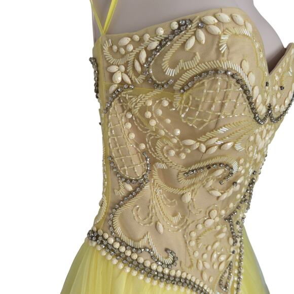 Mac Duggal Yellow Corset Beaded Ball Gown Rhinestones Satin Tulle Sz 0 - Picture 5 of 15